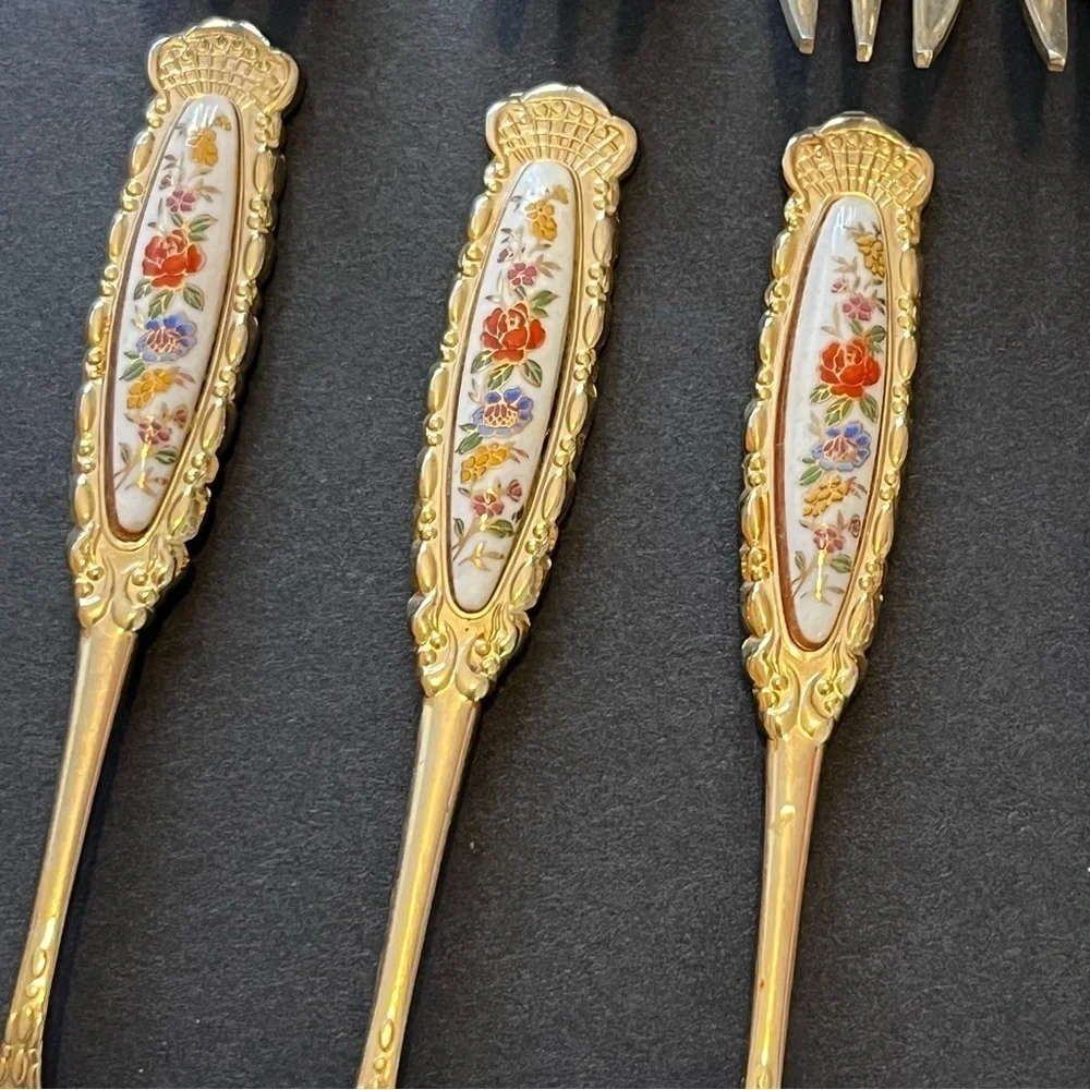 Demitasse Fork Set Porcelain Floral Handle Japan Gold Tone Appetizer Tea Set 11x